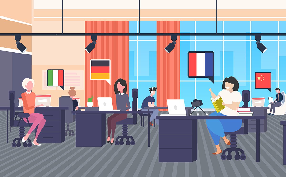 multi language translators using dictionary vocabulary chat bubble communication social media network blogging concept modern office interior horizontal full length vector illustration